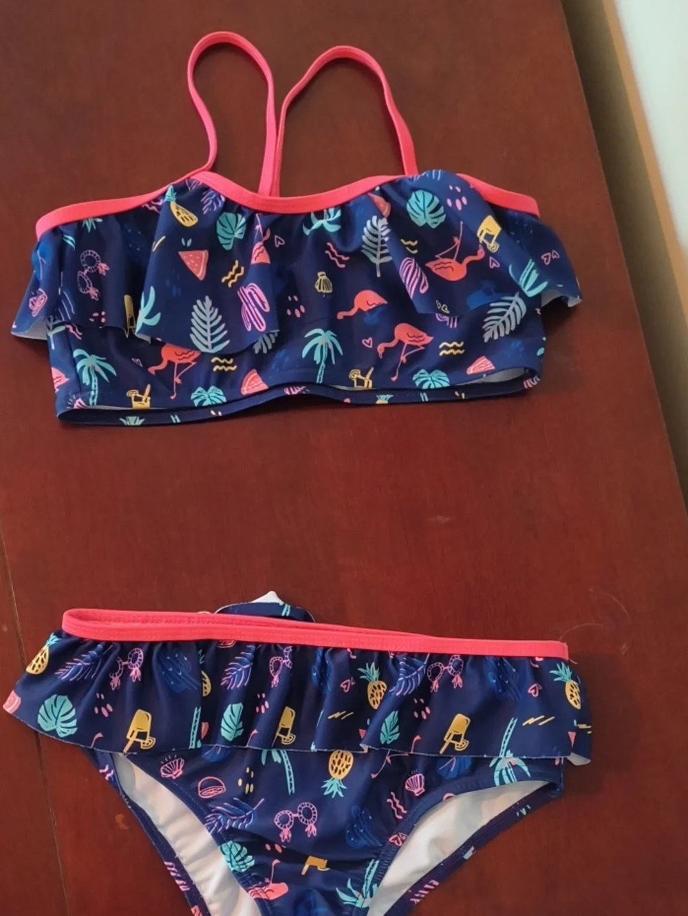 Andy & Evan Navy Flamingo Ruffle Bikini with Pink Trim